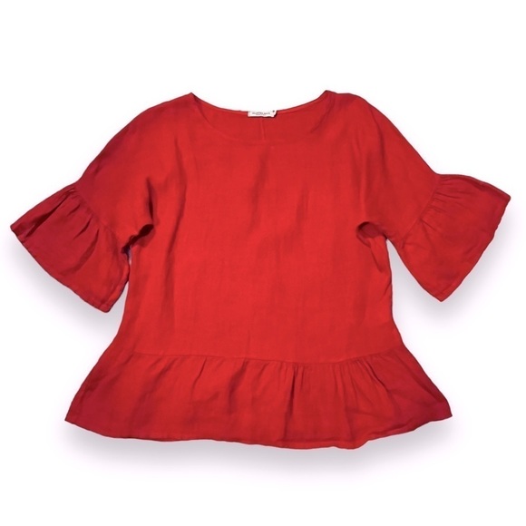 Valentina Naldi 100% Linen Top Boxy Ruffled Red Coastal Lagenlook Size Small - Picture 2 of 7